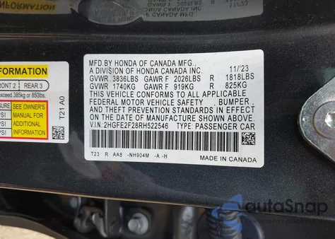 2024 Honda Civic Lx из США, поврежденный, VIN 2HGFE2F28RH522546